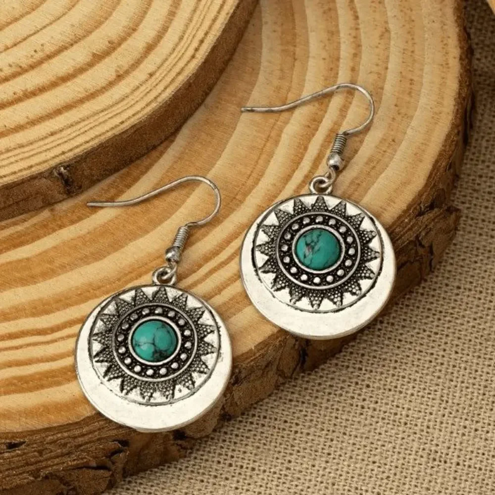 Boho Aztec Western Sun Round Turquoise Dangle Earrings - Picture 1 of 5